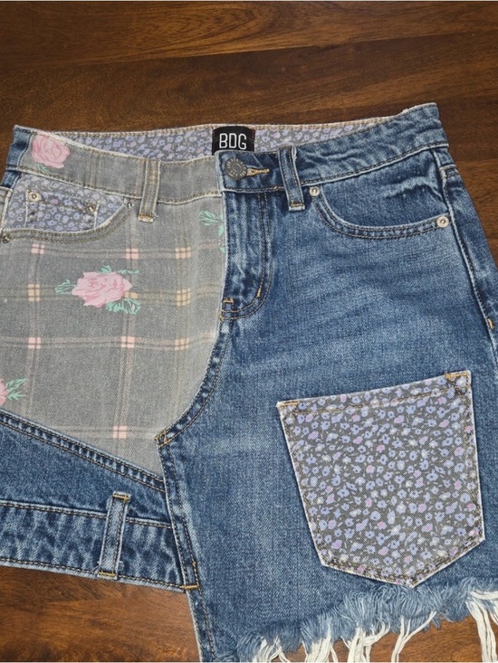 BDG Dresses & Skirts - BDG Mixed Floral Patchwork Denim Mini Skirt - Blue, Lavender & Pink
